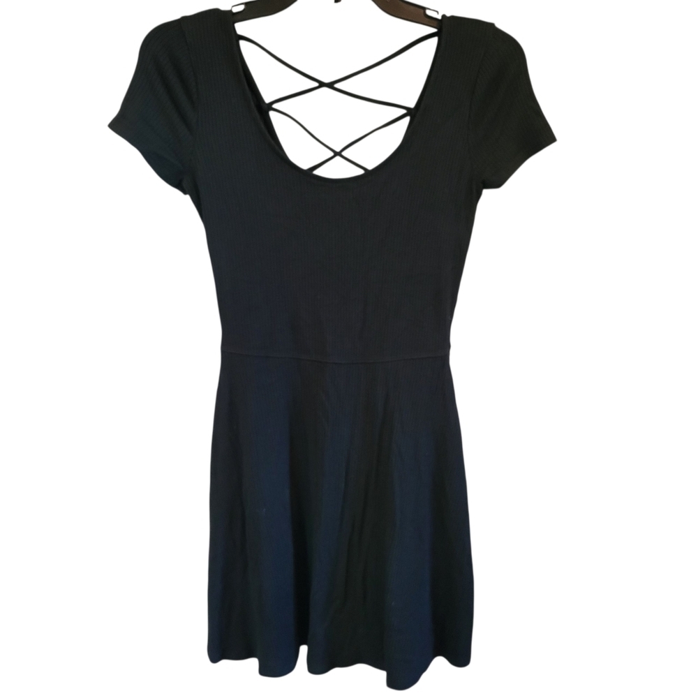 Hollister Ribbed Black Stretchy Skater Criss Cross Back Mini Dress